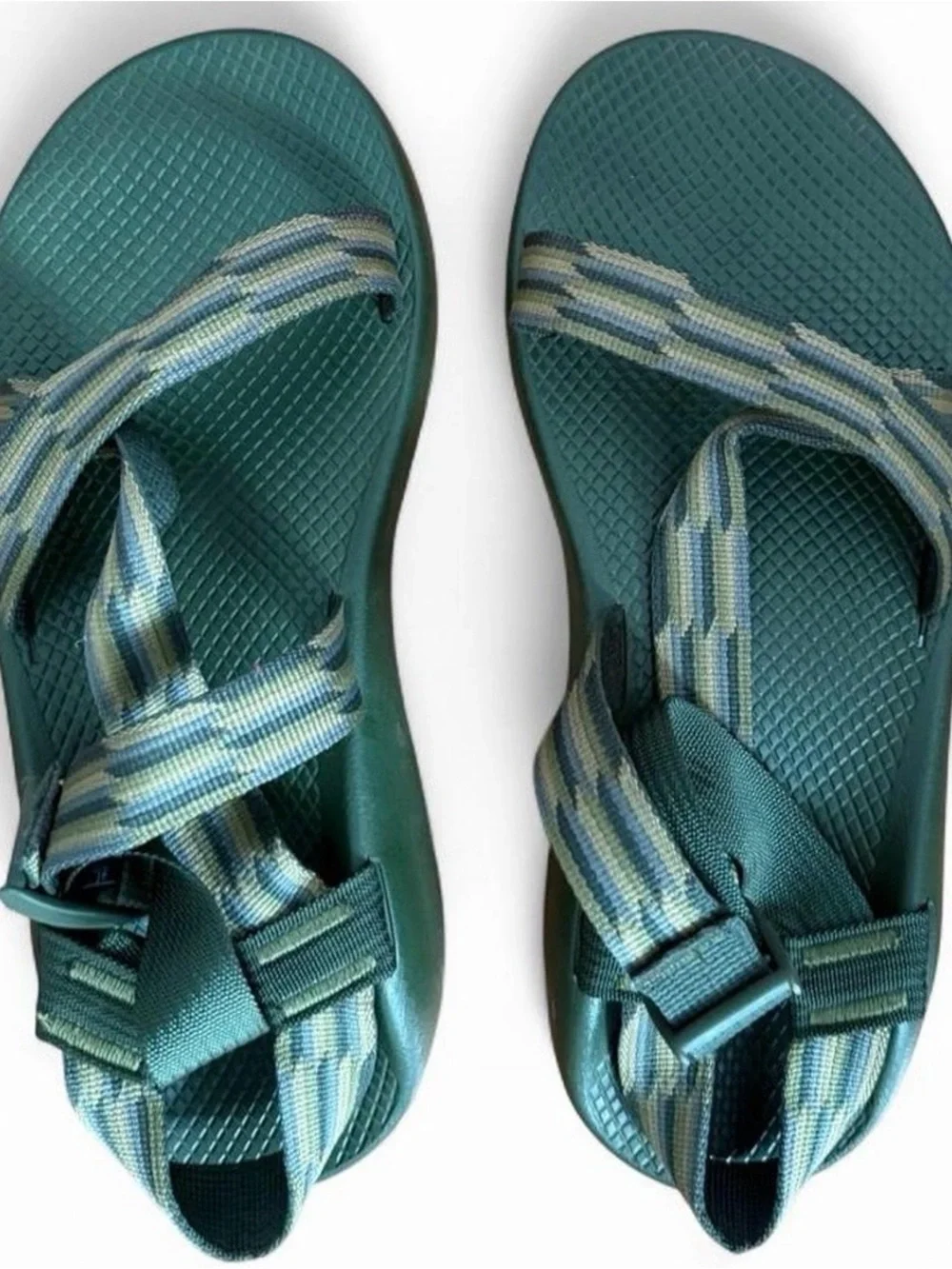 Chaco Teal Green Strappy Sandals with tans and gray-Striped Webbing